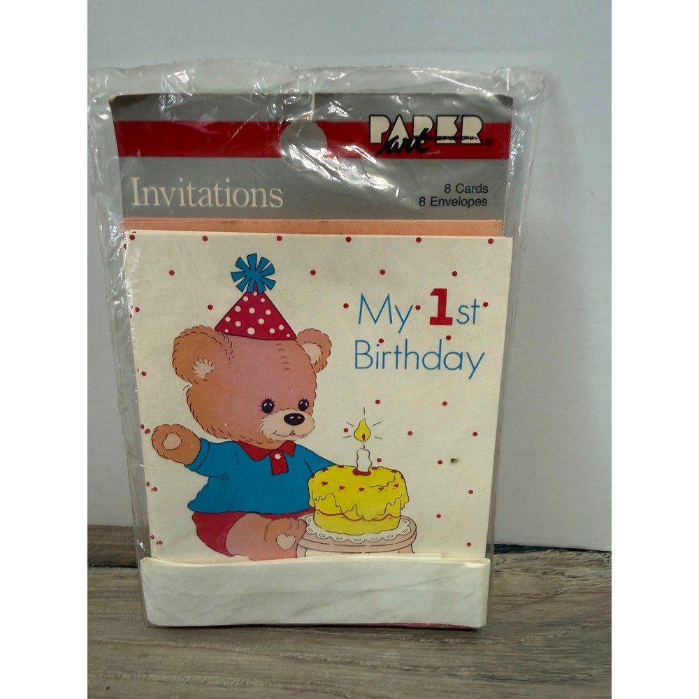 Vintage Paper Art My 1st Birthday Invitations Teddy Bear 8 Count New Sealed